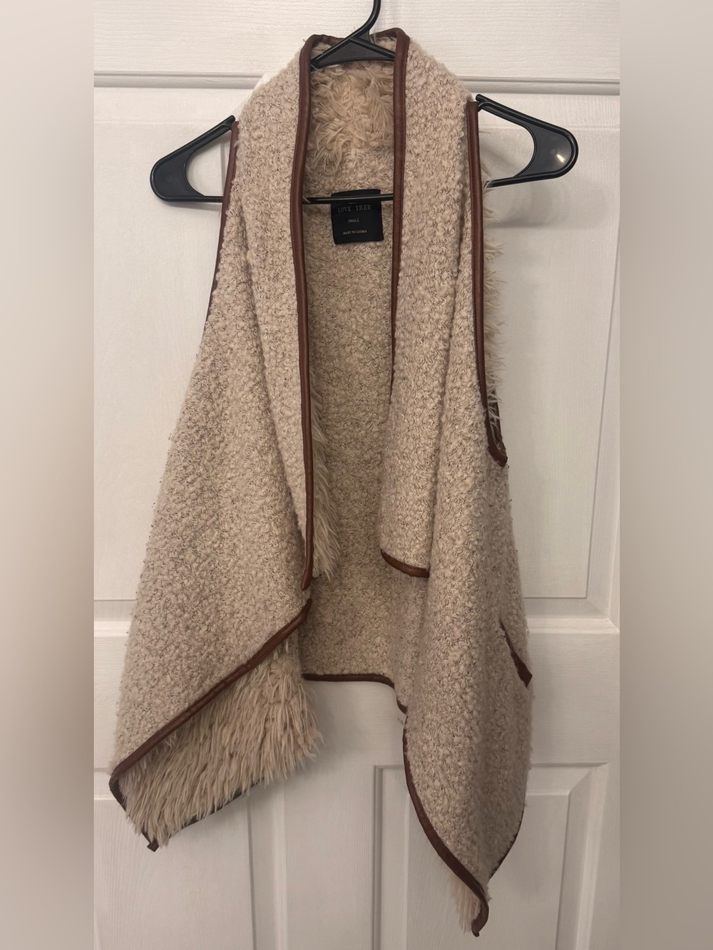 Love Tree Cream Sherpa Vest with Brown Trim